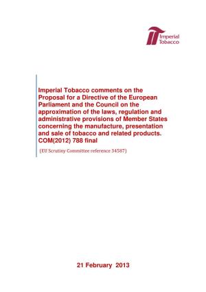 Imperial Tobacco Comments on the Proposal for a Directive of the European Parliament and the Council on the Approximation Of