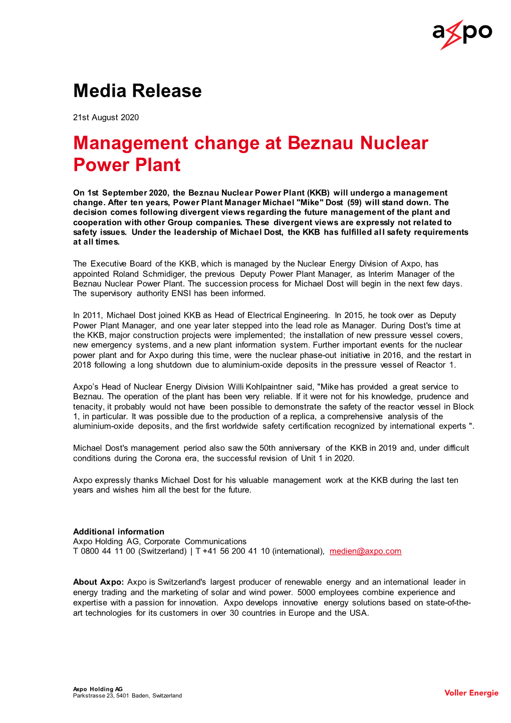 Media Release Management Change at Beznau Nuclear Power Plant
