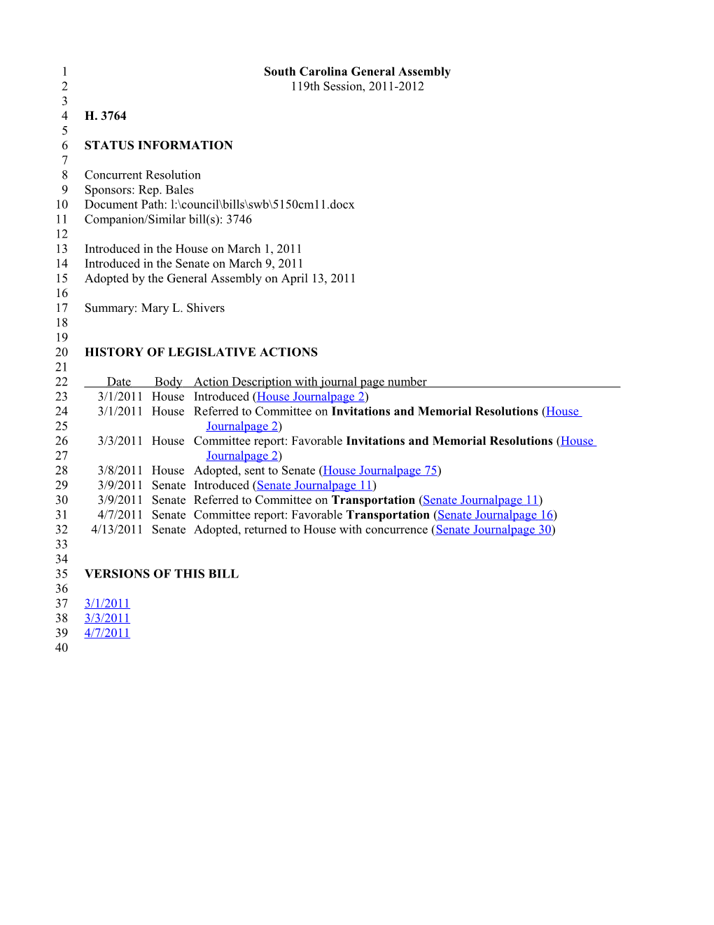 2011-2012 Bill 3764: Mary L. Shivers - South Carolina Legislature Online