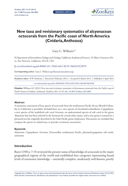 New Taxa and Revisionary Systematics of Alcyonacean Octocorals from the Pacific Coast of North America (Cnidaria, Anthozoa)