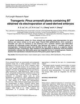Transgenic Pinus Armandii Plants Containing BT Obtained Via Electroporation of Seed-Derived Embryos