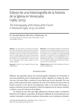 Esbozo De Una Historiografía De La Historia De La Iglesia En Venezuela