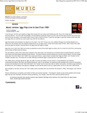 Music Review: Iggy Pop Live in San Fran 1981