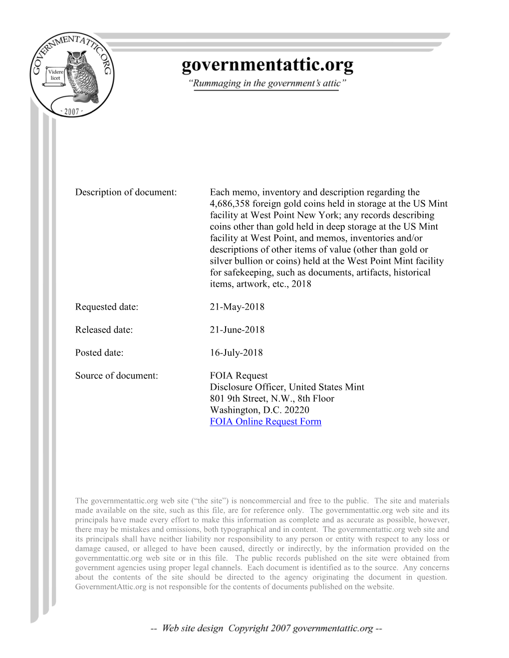 Each Memo, Inventory and Description Regarding the 4,686,358 Foreign Gold Coins Held in Storage at the US Mint Facility at West