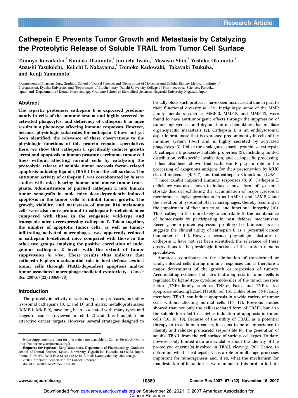 Cathepsin E Prevents Tumor Growth and Metastasis by Catalyzing The