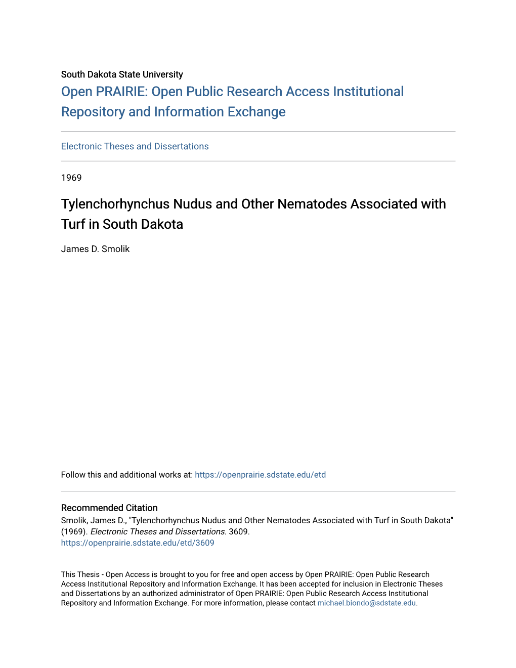 Tylenchorhynchus Nudus and Other Nematodes Associated with Turf in South Dakota