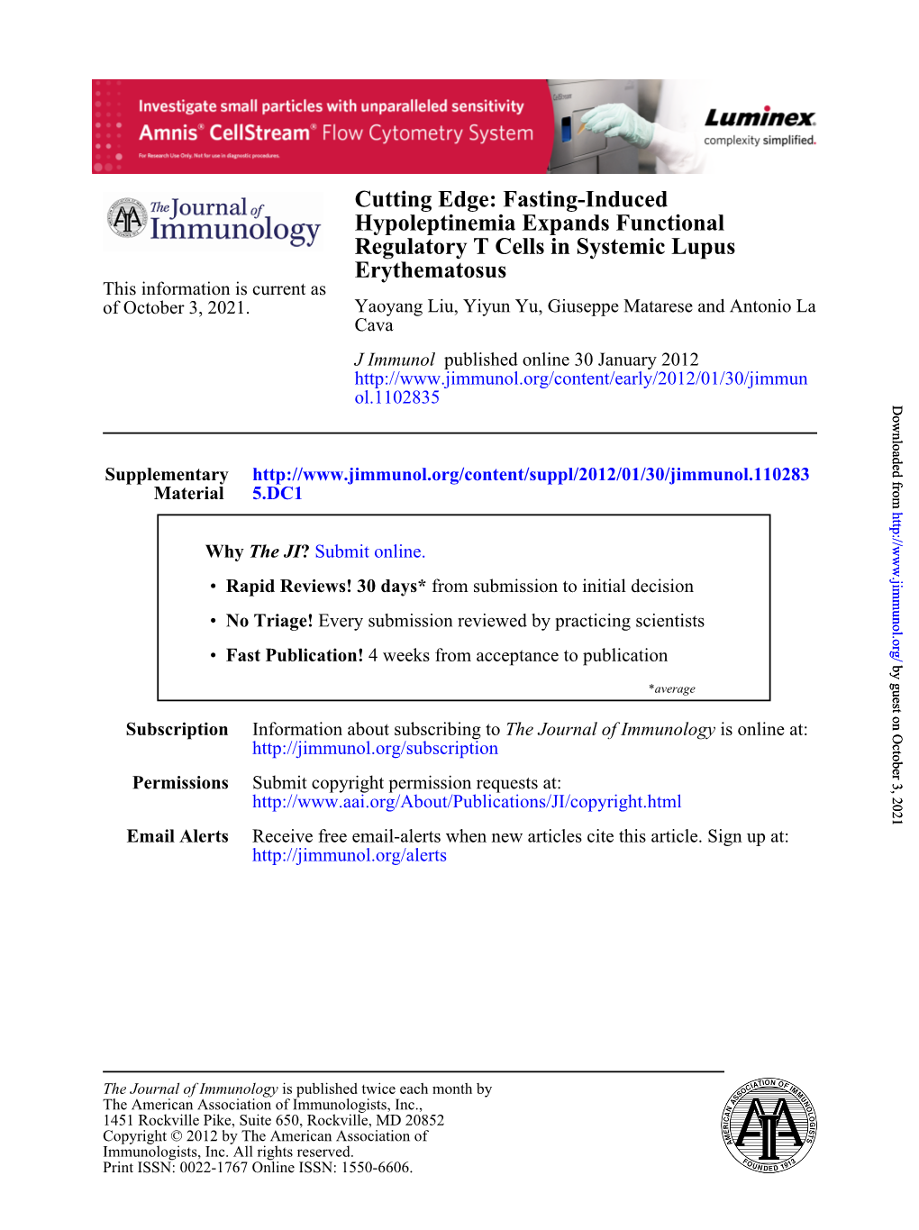 Fasting-Induced Hypoleptinemia Expands Functional Regulatory T Cells in Systemic Lupus Erythematosus This Information Is Current As of October 3, 2021