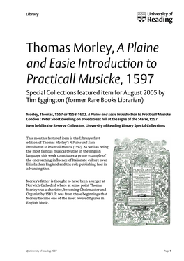 Thomas Morley, a Plaine and Easie Introduction to Practicall Musicke