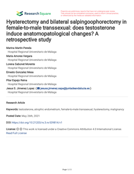 Hysterectomy and Bilateral Salpingoophorectomy in Female-To-Male Transsexual: Does Testosterone Induce Anatomopatological Changes? a Retrospective Study