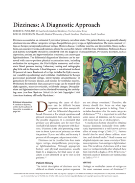 Dizziness: a Diagnostic Approach ROBERT E