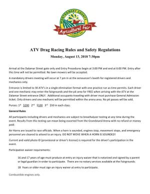ATV Drag Racing Rules and Safety Regulations Monday, August 13, 2018 7:30Pm