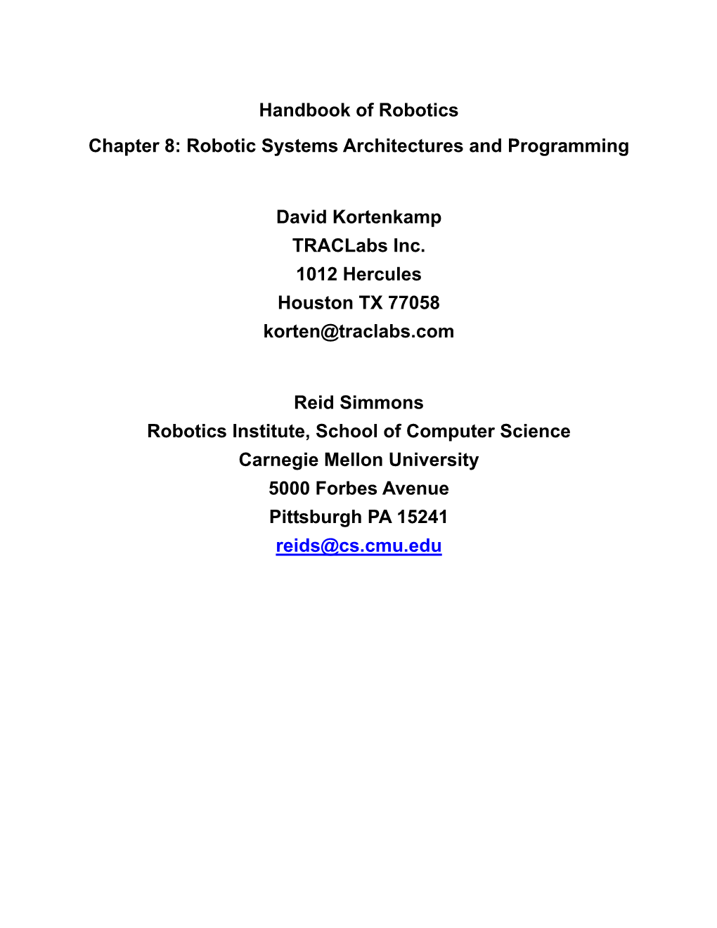 Handbook of Robotics Chapter 8: Robotic Systems Architectures and Programming