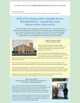 2018 CPA Preservation Awards Honor Rehabilitation, Leadership and P​​ Reservation Education