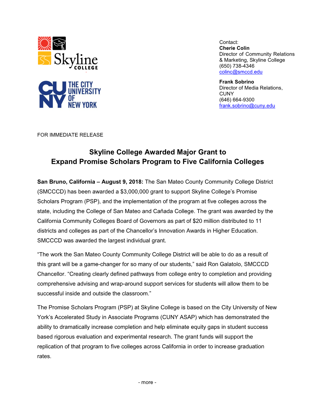 Skyline College Awarded Major Grant to Expand Promise Scholars Program to Five California Colleges