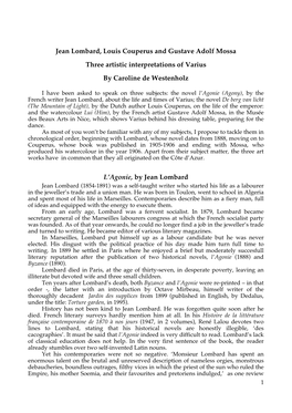 Jean Lombard, Louis Couperus and Gustave Adolf Mossa Three Artistic Interpretations of Varius by Caroline De Westenholz