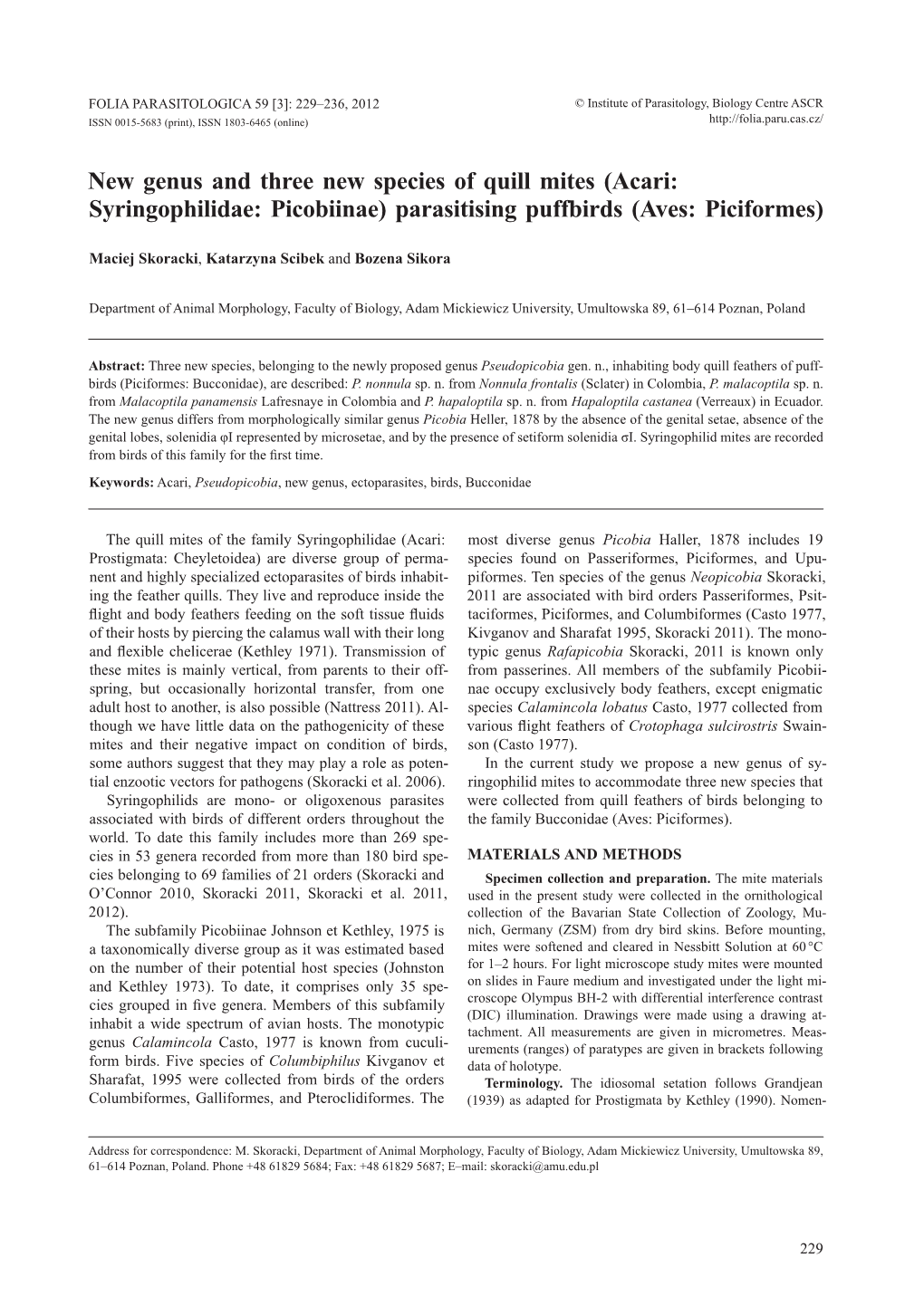 Acari: Syringophilidae: Picobiinae) Parasitising Puffbirds (Aves: Piciformes)