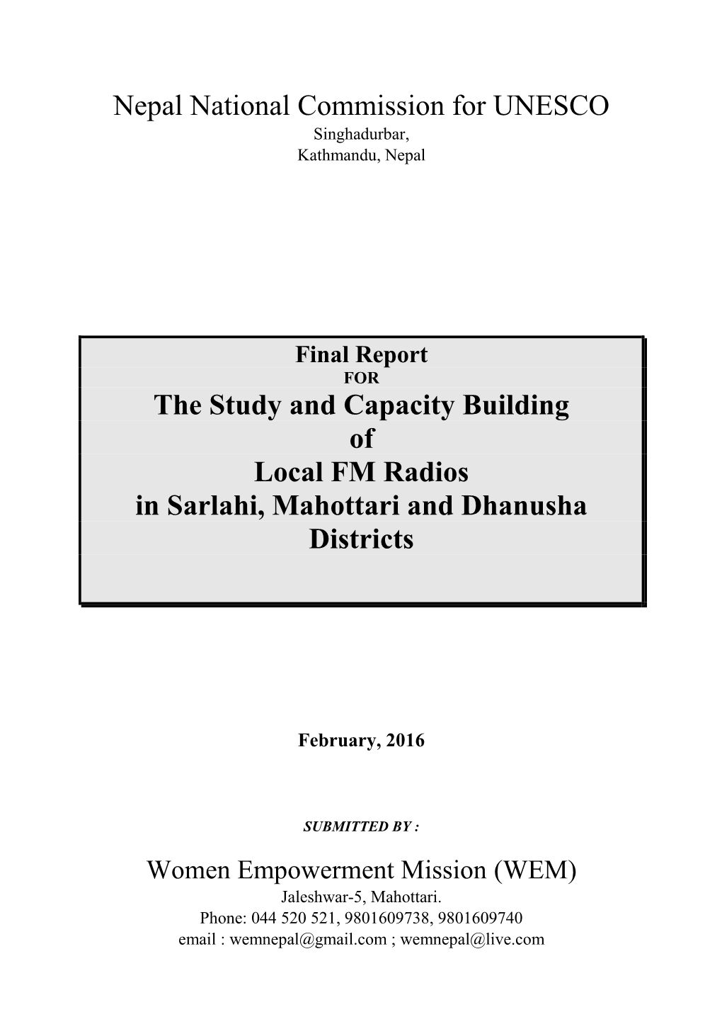 Nepal National Commission for UNESCO the Study and Capacity