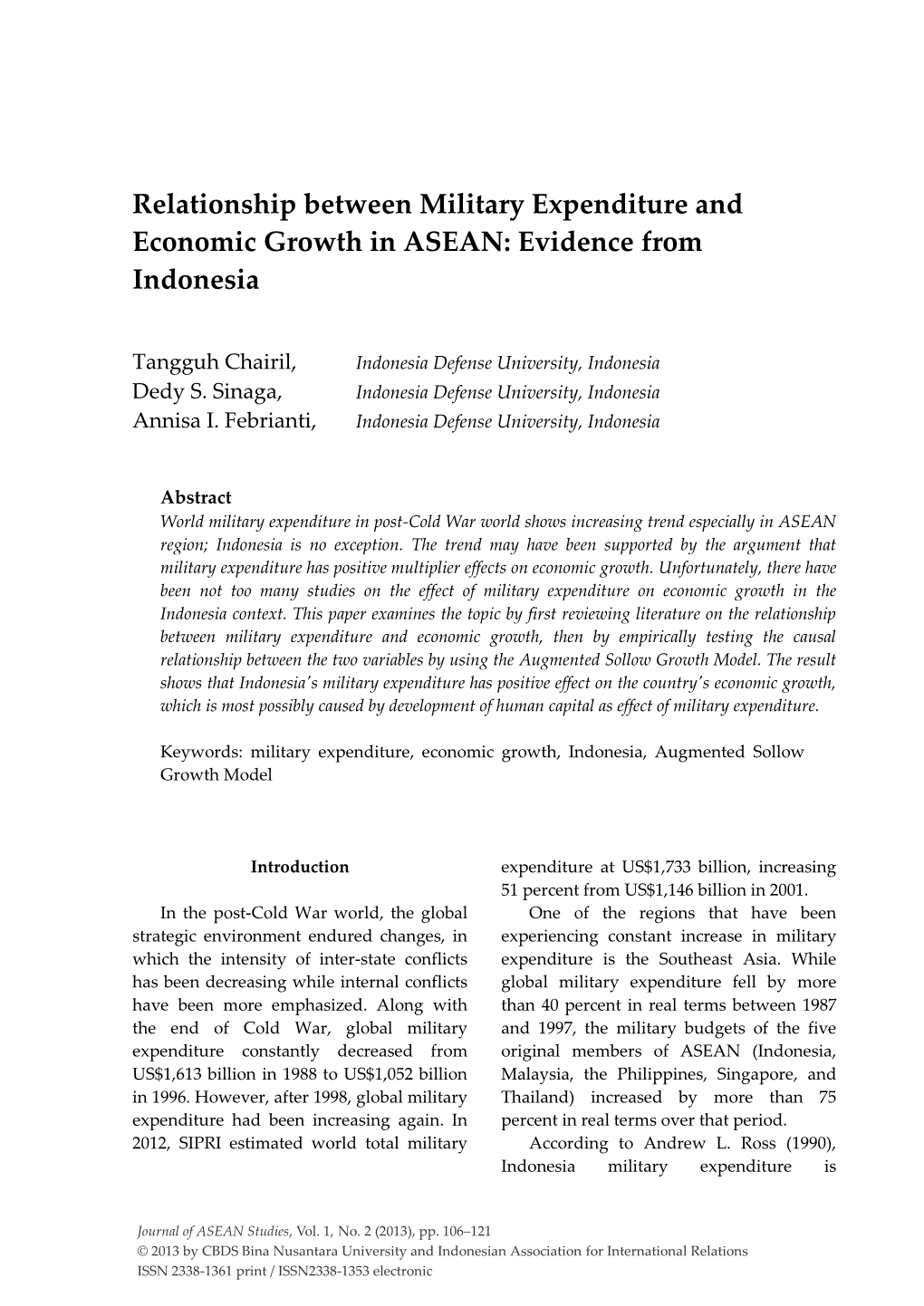 Relationship Between Military Expenditure and Economic Growth in ASEAN: Evidence from Indonesia