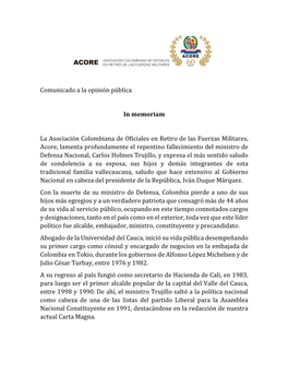 Comunicado a La Opinión Pública in Memoriam La Asociación Colombiana De Oficiales En Retiro De Las Fuerzas Militares, Acore