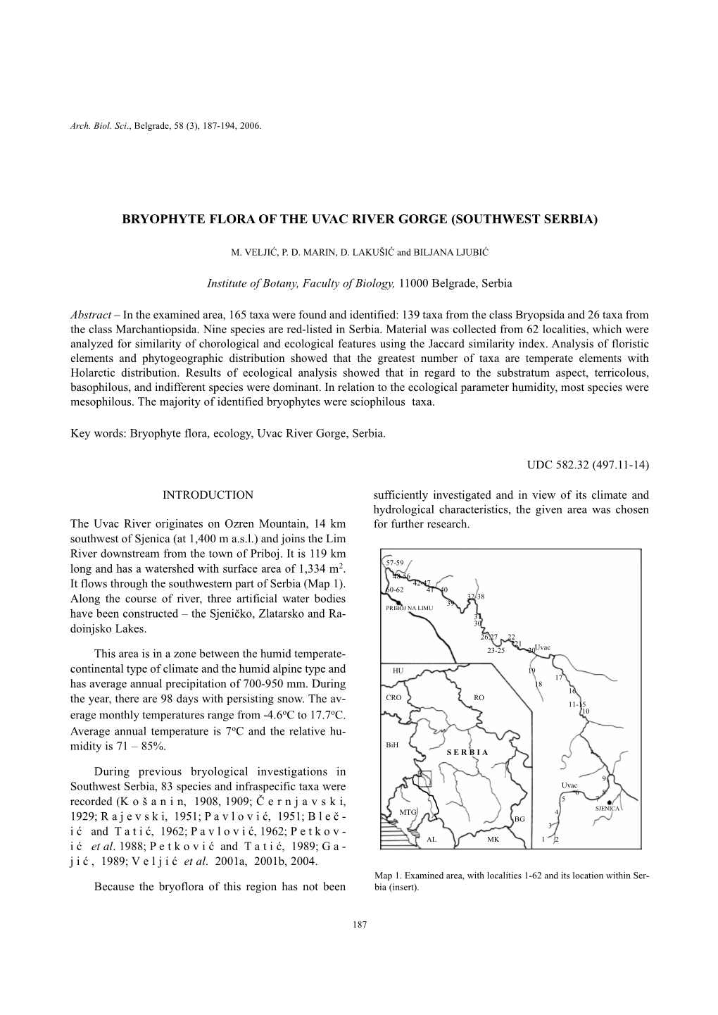 Bryophyte Flora of the Uvac River Gorge (Southwest Serbia)