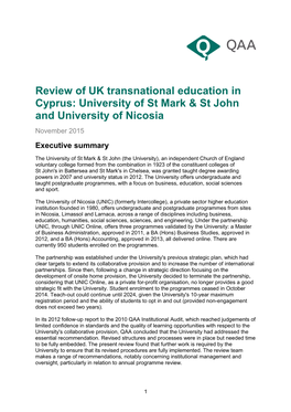Review of UK Transnational Education in Cyprus: University of St Mark & St John and University of Nicosia