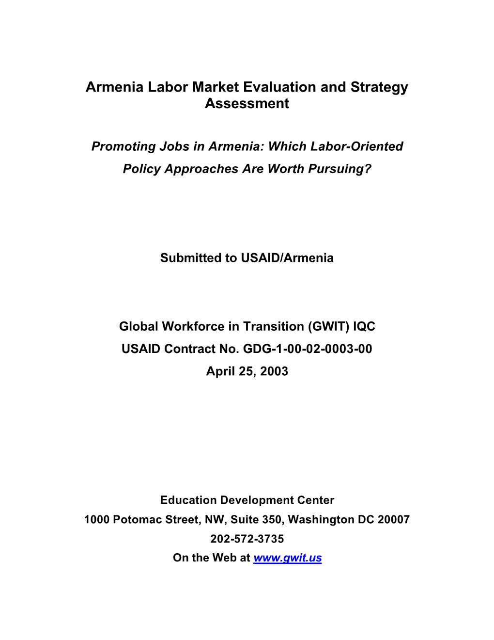 Armenia Labor Market Evaluation and Strategy Assessment