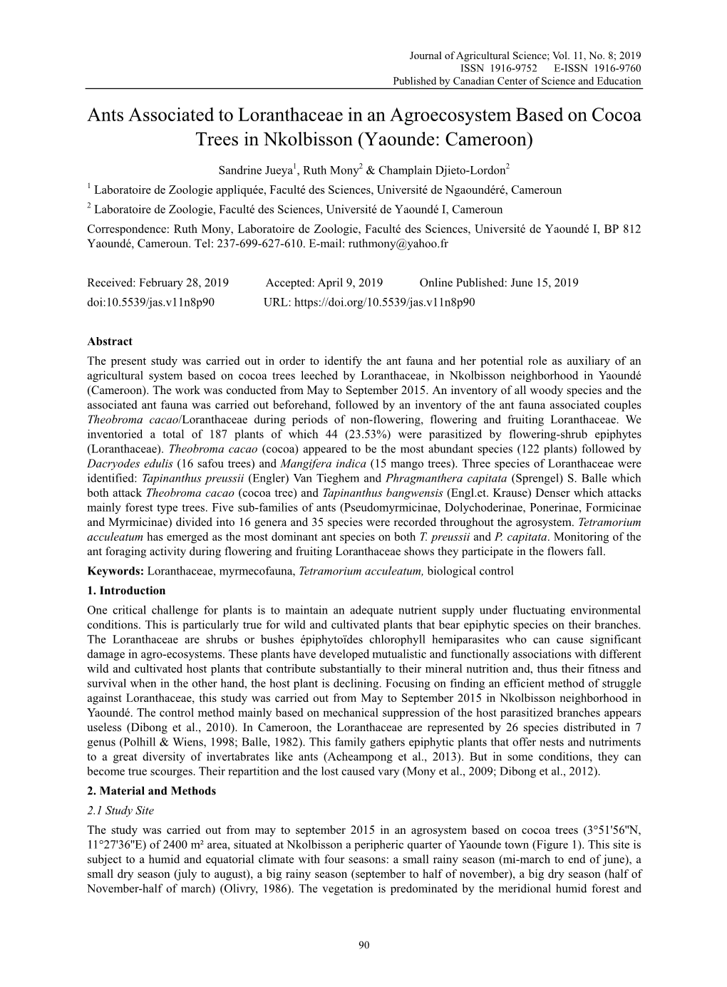 Ants Associated to Loranthaceae in an Agroecosystem Based on Cocoa Trees in Nkolbisson (Yaounde: Cameroon)