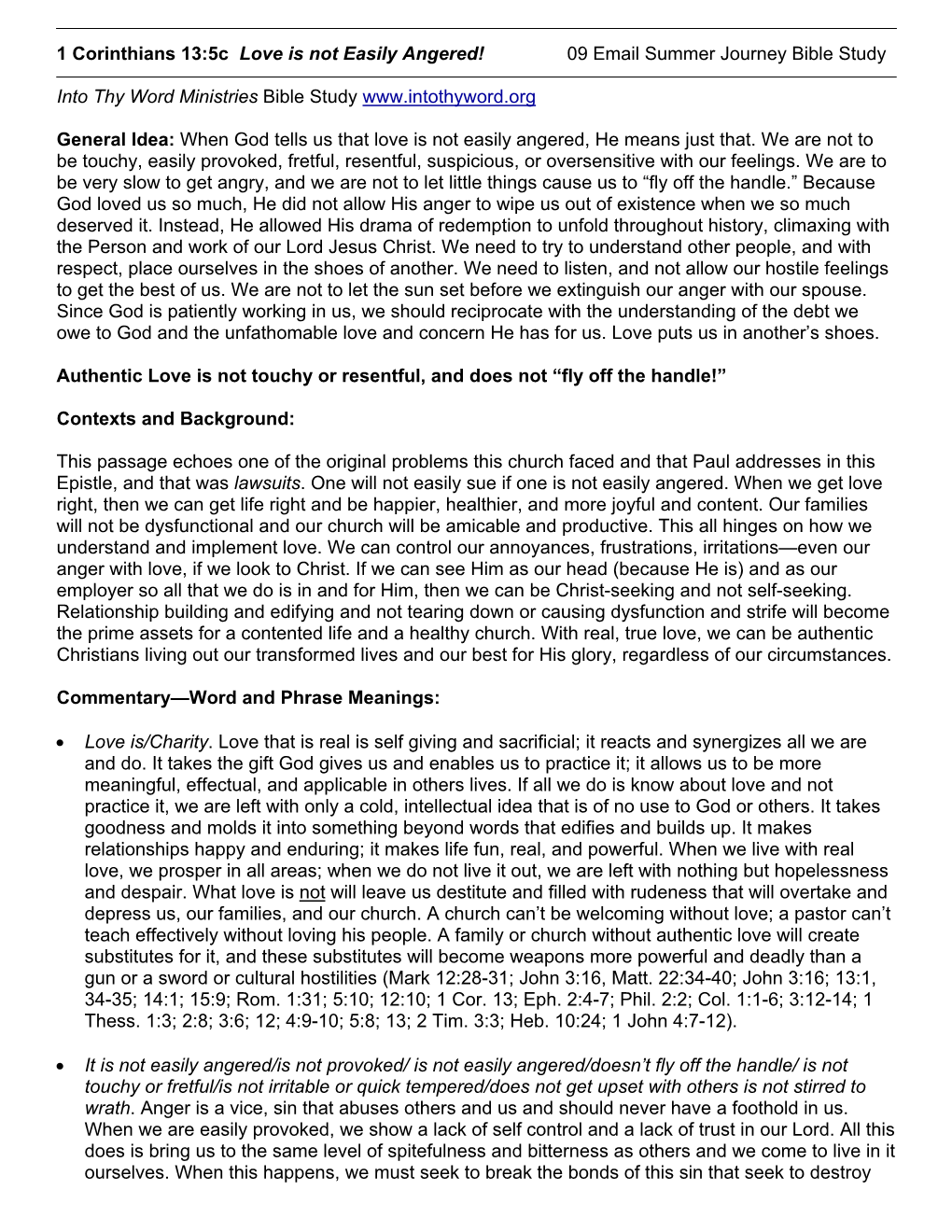 1 Corinthians 13:5C Love Is Not Easily Angered! 09 Email Summer Journey Bible Study