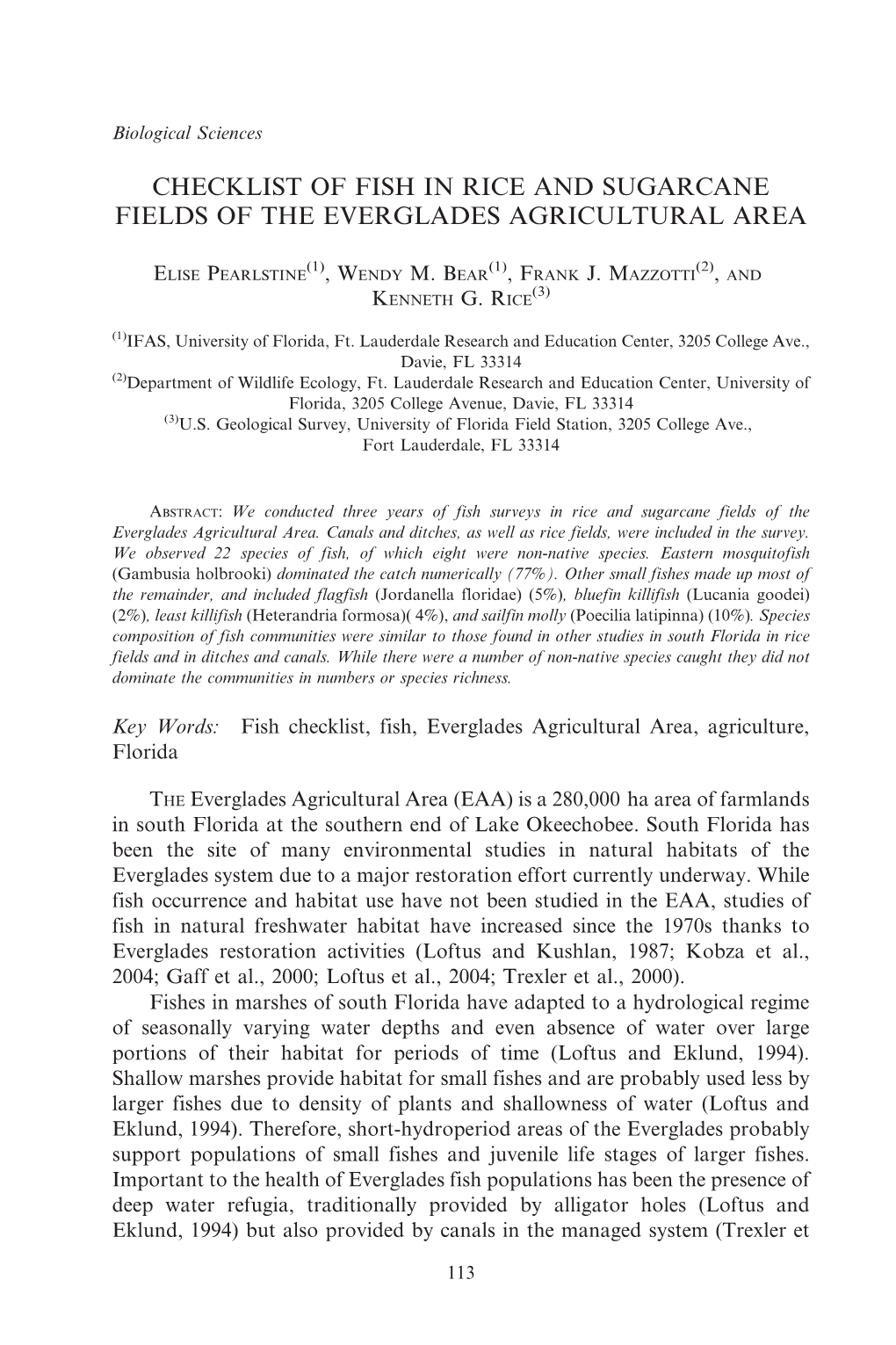 Checklist of Fish in Rice and Sugarcane Fields of the Everglades Agricultural Area