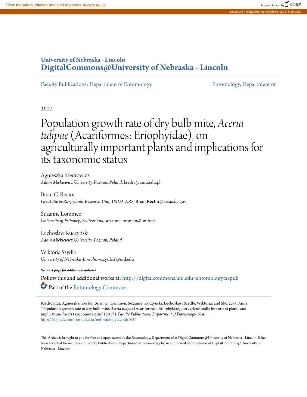 Population Growth Rate of Dry Bulb Mite, <I>Aceria Tulipae</I>