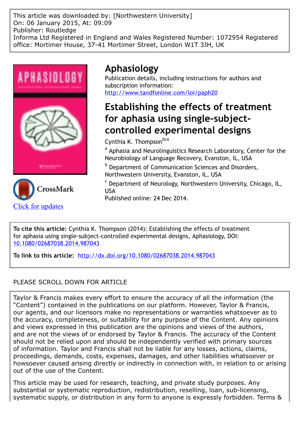 Aphasiology Establishing the Effects of Treatment for Aphasia Using Single