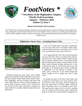 Footnotes * * Newsletter of the Highlanders Chapter, Florida Trail Association January – February 2021 Volume 22, Issue 1