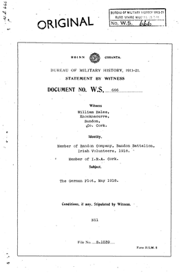 ROINN COSANTA. BUREAU of MILITARY HISTORY, 1913-21. STATEMENT by WITNESS DOCUMENT NO. W.S. 666 Witness William Hales, Knocknacur