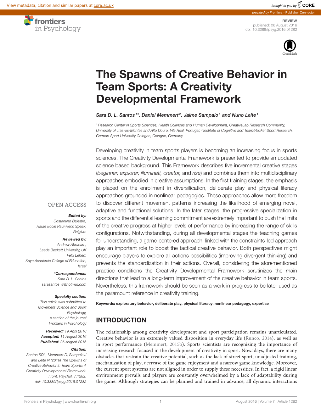 The Spawns of Creative Behavior in Team Sports: a Creativity Developmental Framework
