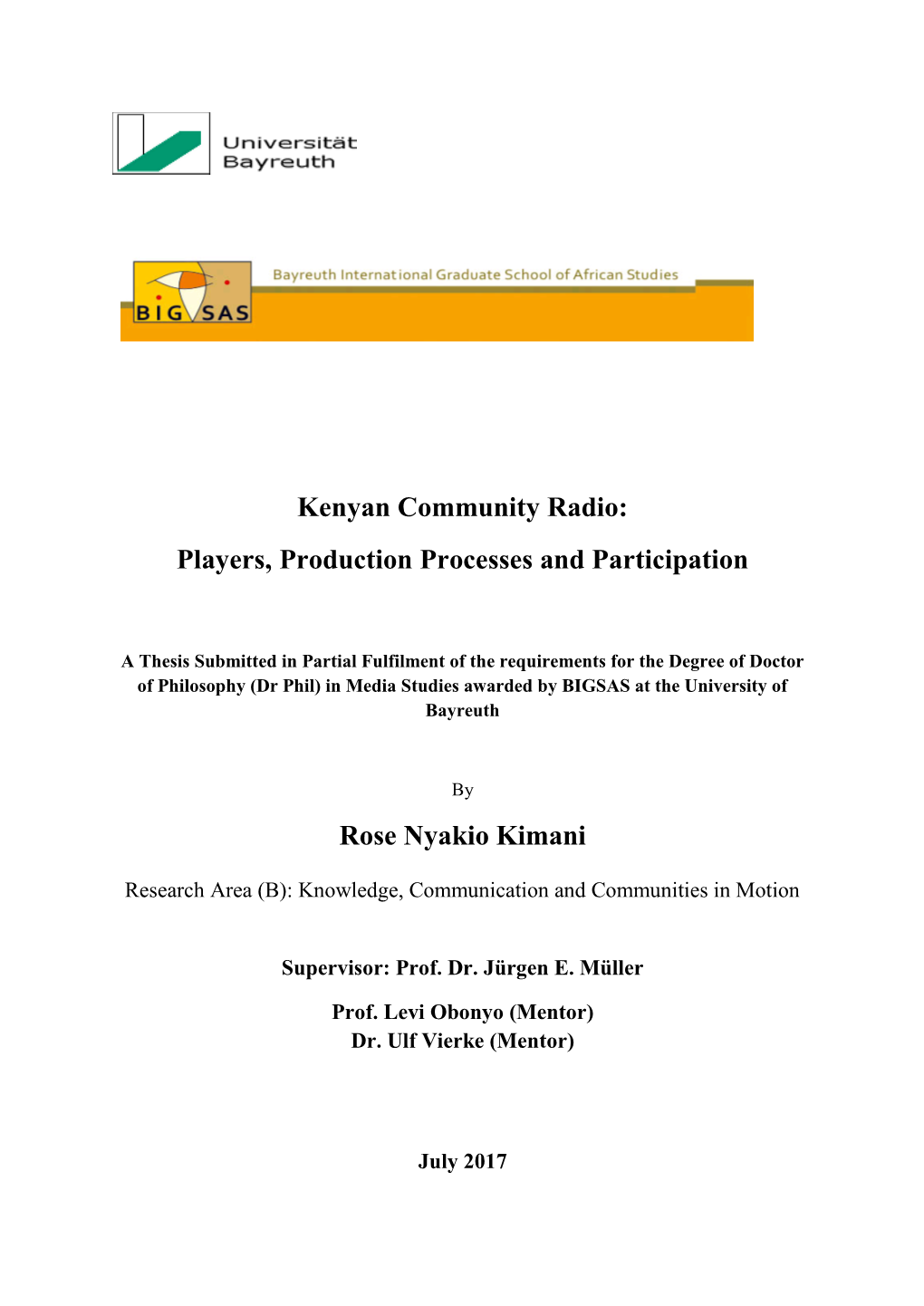 Kenyan Community Radio: Players, Production Processes and Participation