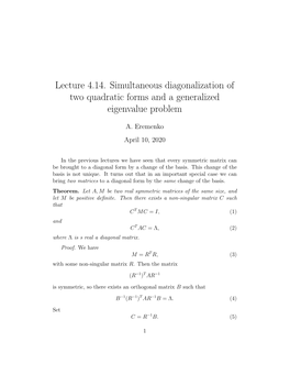 Lecture 4.14. Simultaneous Diagonalization of Two Quadratic Forms and a Generalized Eigenvalue Problem