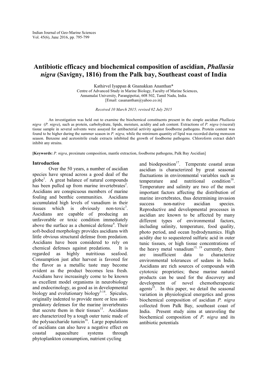 Antibiotic Efficacy and Biochemical Composition of Ascidian, Phallusia Nigra (Savigny, 1816) from the Palk Bay, Southeast Coast of India