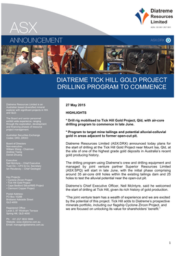 Diatreme Tick Hill Gold Project Drilling Program to Commence
