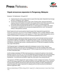 Vopak​ ​Announces​ ​Expansion​ ​In​ ​Pengerang,​ ​Malaysia