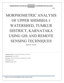 MORPHOMETRIC ANALYSIS of UPPER SHIMSHA-1 WATERSHED, TUMKUR DISTRICT, KARNATAKA USING GIS and REMOTE SENSING TECHNIQUES by D S Asmita
