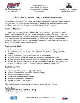 Oshawa Generals Community Relations and Merchandising Intern