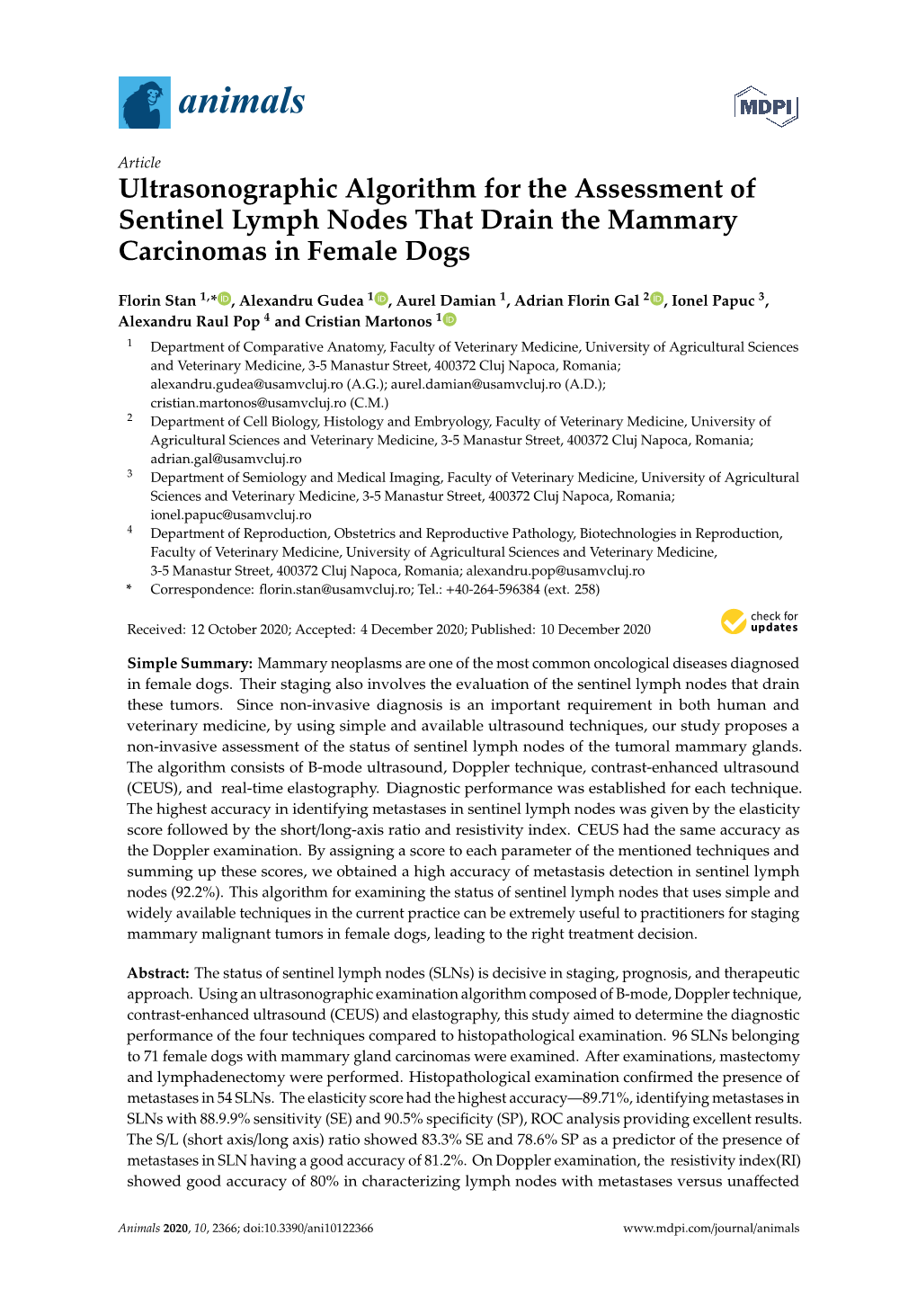 Ultrasonographic Algorithm for the Assessment of Sentinel Lymph Nodes That Drain the Mammary Carcinomas in Female Dogs