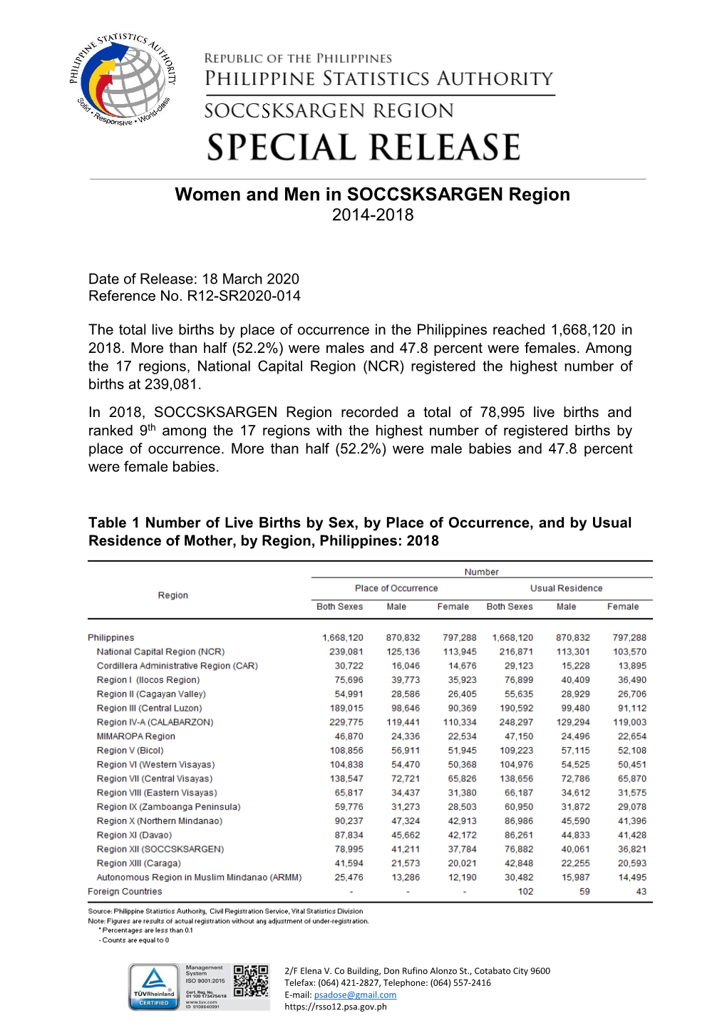 Women and Men in SOCCSKSARGEN Region 2014-2018