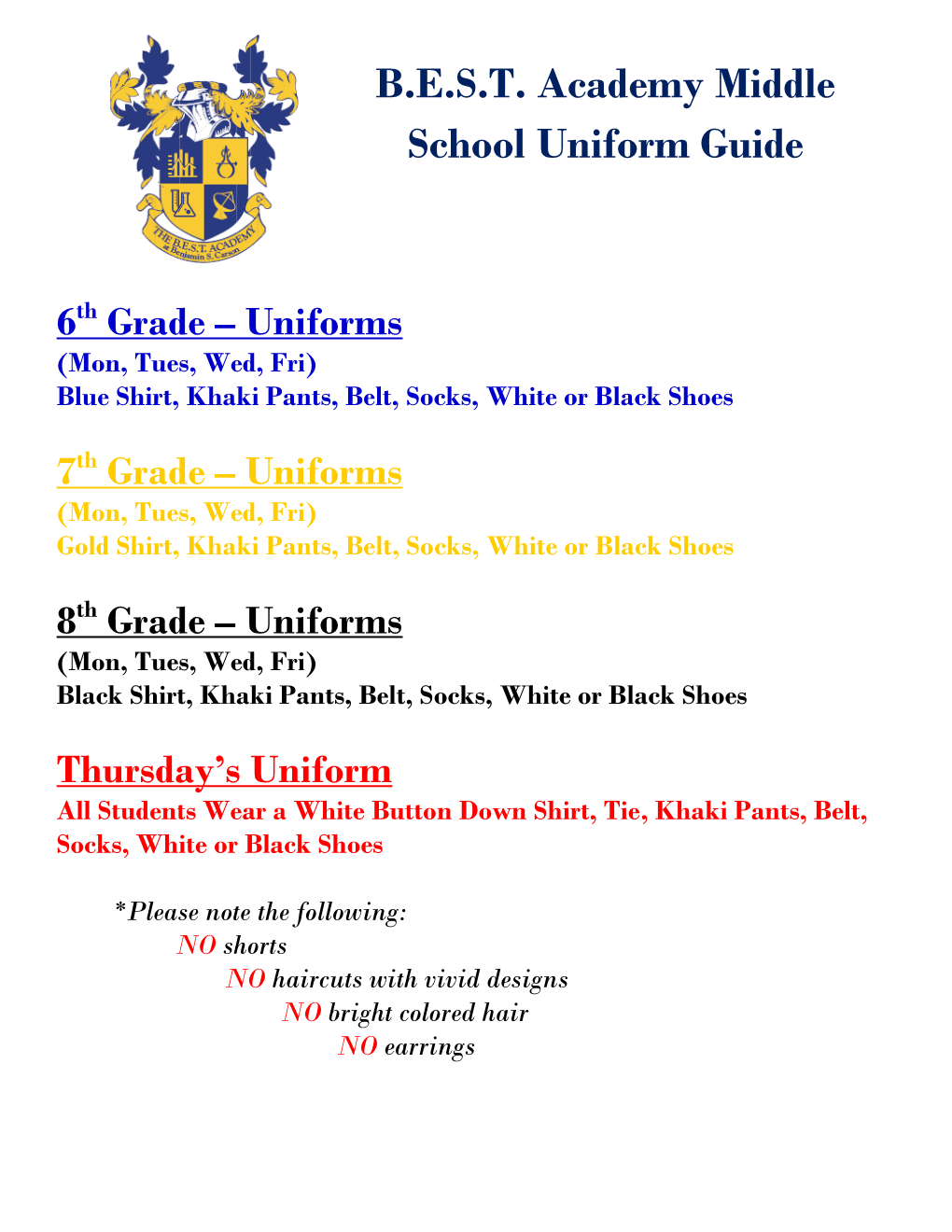 BEST Academy Middle School Uniform Guide