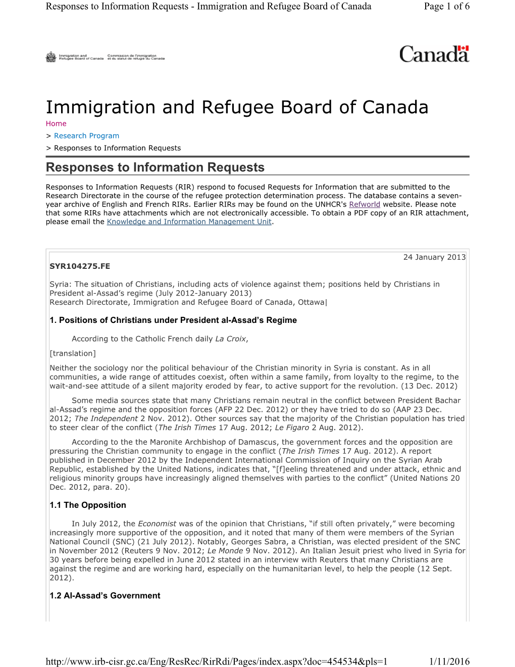 Positions Held by Christians in President Al-Assad’S Regime (July 2012-January 2013) Research Directorate, Immigration and Refugee Board of Canada, Ottawa|