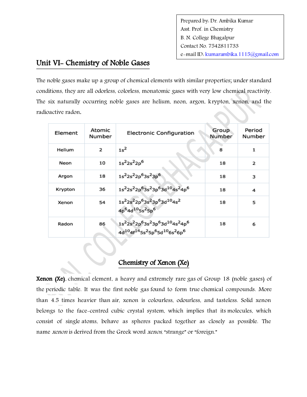 Chemistry of Noble Gases