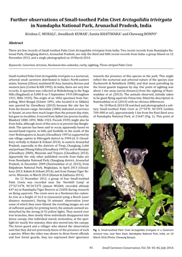 Further Observations of Small-Toothed Palm Civet Arctogalidia Trivirgata in Namdapha National Park, Arunachal Pradesh, India