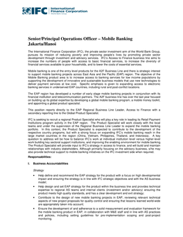Senior/Principal Operations Officer – Mobile Banking Jakarta/Hanoi