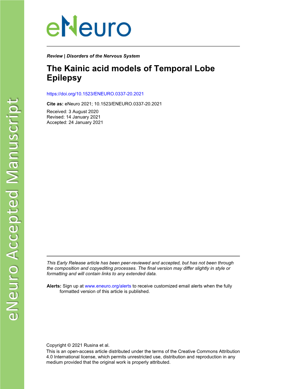 The Kainic Acid Models of Temporal Lobe Epilepsy