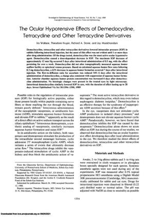 The Ocular Hypotensive Effects of Demeclocycline, Tetracycline and Other Tetracycline Derivatives
